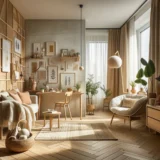 A cozy, well-decorated small living space with natural light flooding in, showcasing a mix of minimalist design, multifunctional furniture, and natural materials. The space should feel inviting and practical, highlighting the tips and trends discussed in the article.