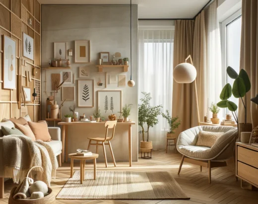 A cozy, well-decorated small living space with natural light flooding in, showcasing a mix of minimalist design, multifunctional furniture, and natural materials. The space should feel inviting and practical, highlighting the tips and trends discussed in the article.